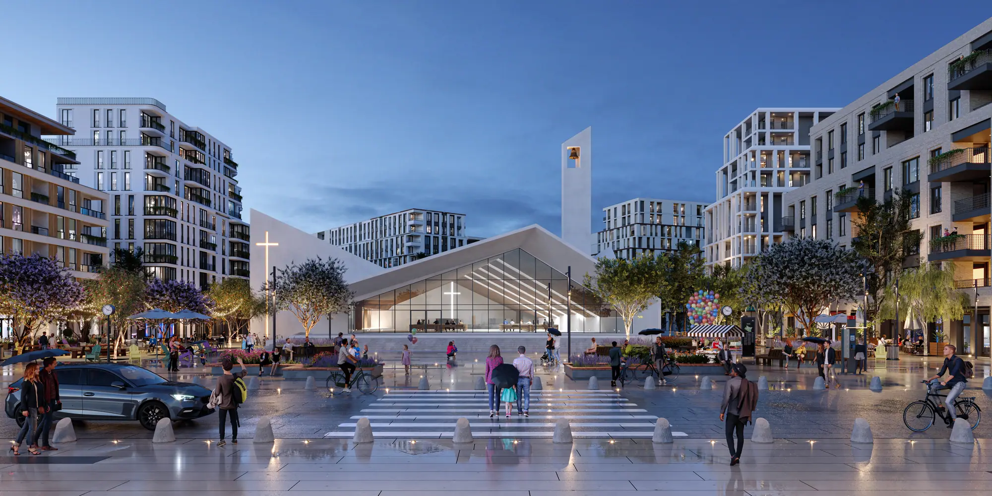 La misma plaza del master plan conceptual en hora azul